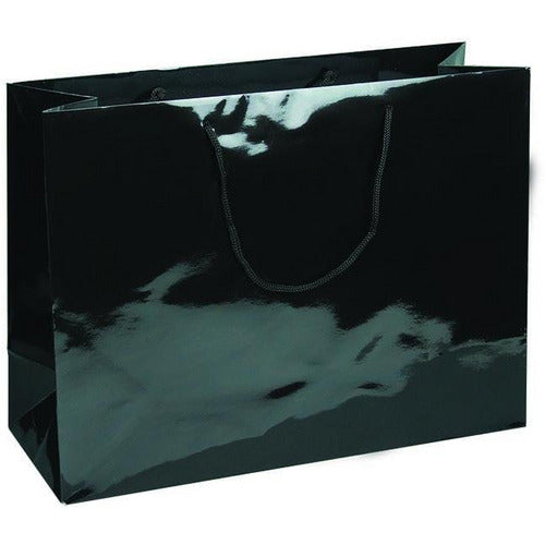Black Glossy Rope Handle Euro-Tote Shopping Bags - 16.0 x 6.0 x 12.0 - Plastic Bag Partners-Retail Bags - Euro-Tote