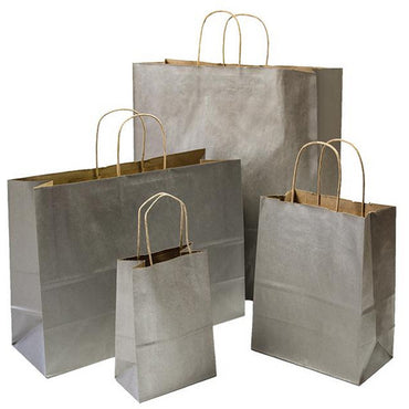 Tinted Recycled Kraft Shopping Bags - 16.00" x 6.00" x 12.5" (Metallic Silver) - Plastic Bag Partners-Retail Bags - Kraft